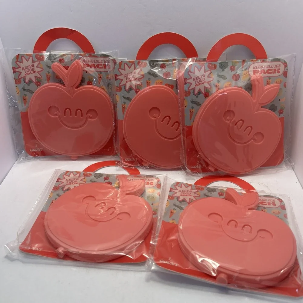 Lot Of  5 !!Reusable Ice Pack Kids Lunch Box Fun Pink Apple  Keeps Food Cold